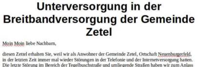 Erhebliche Unterversorgung Breitbandförderung Friesland nicht in Zetel möglich